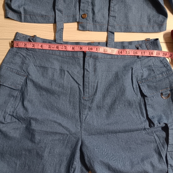 Casual Pocket Stretch Denim Plus Size Short Sleeve Crop Top Shorts Two-Piece - Picture 9 of 15